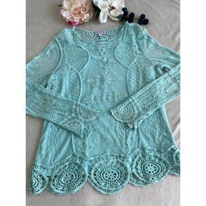 Aqua Lace Embroidered Blair Top Crochet Hem Cottagecore Dainty Fairycore Size M
